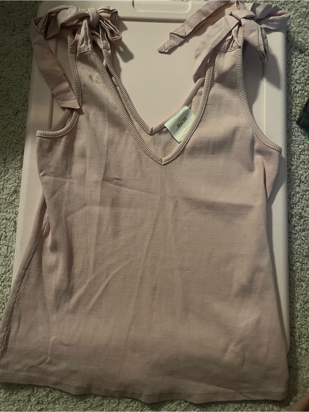 Maeve by Anthropologie Dusty Pink Ribbed Tie-Shoulder V-Neck Tank, Size Medium
